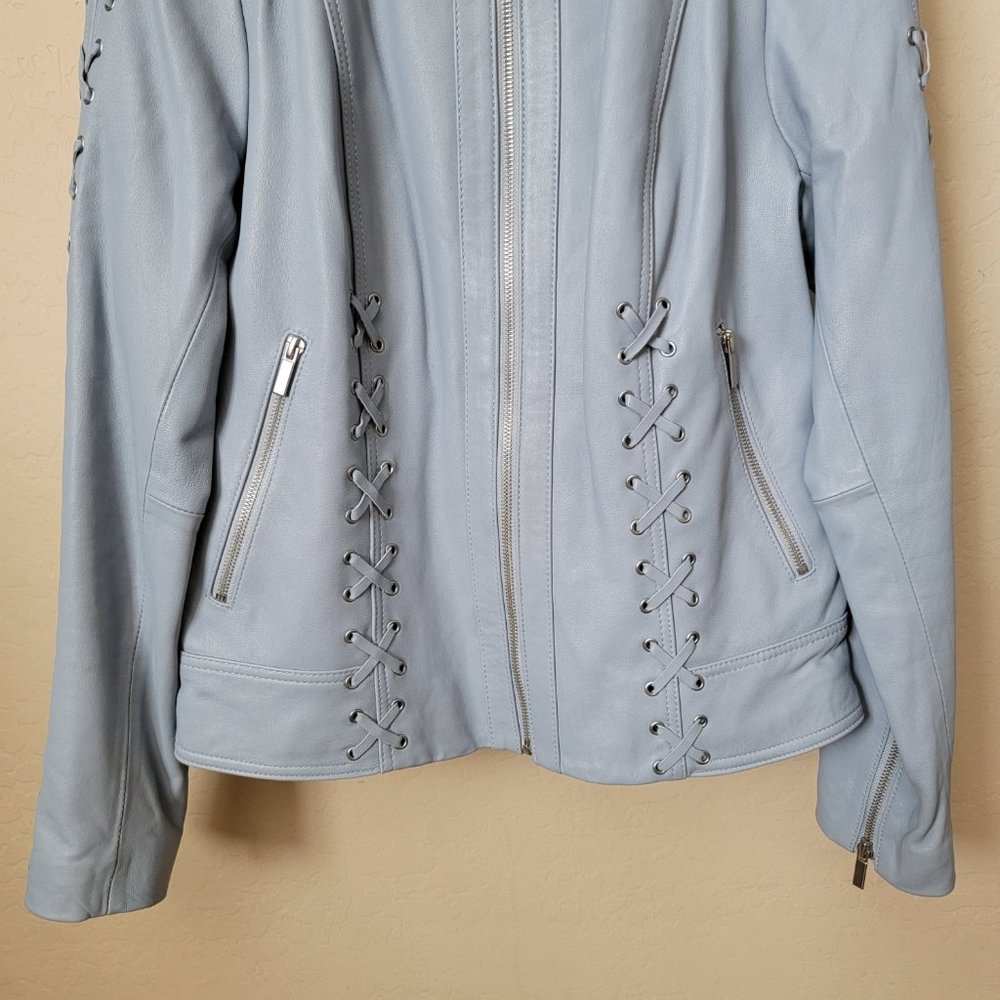Neiman Marcus Light Blue Leather Lace-Up Moto Leather Jacket - Picture 5 of 16